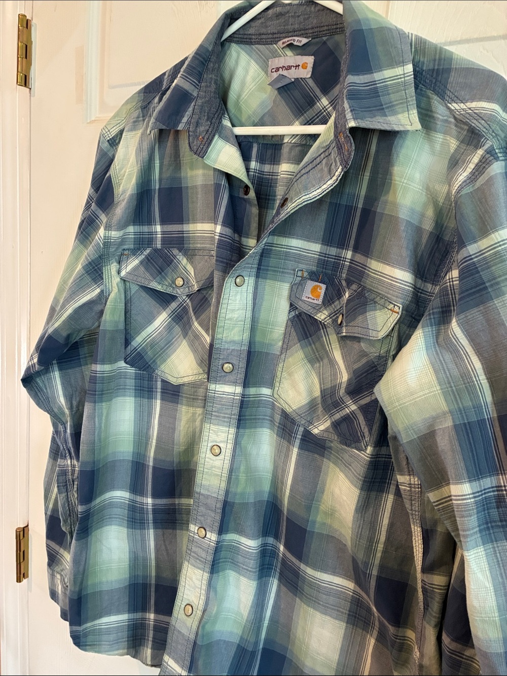 Carhartt Size Large Blue & Green Plaid Button-Down Work Shirt - Picture 6 of 9